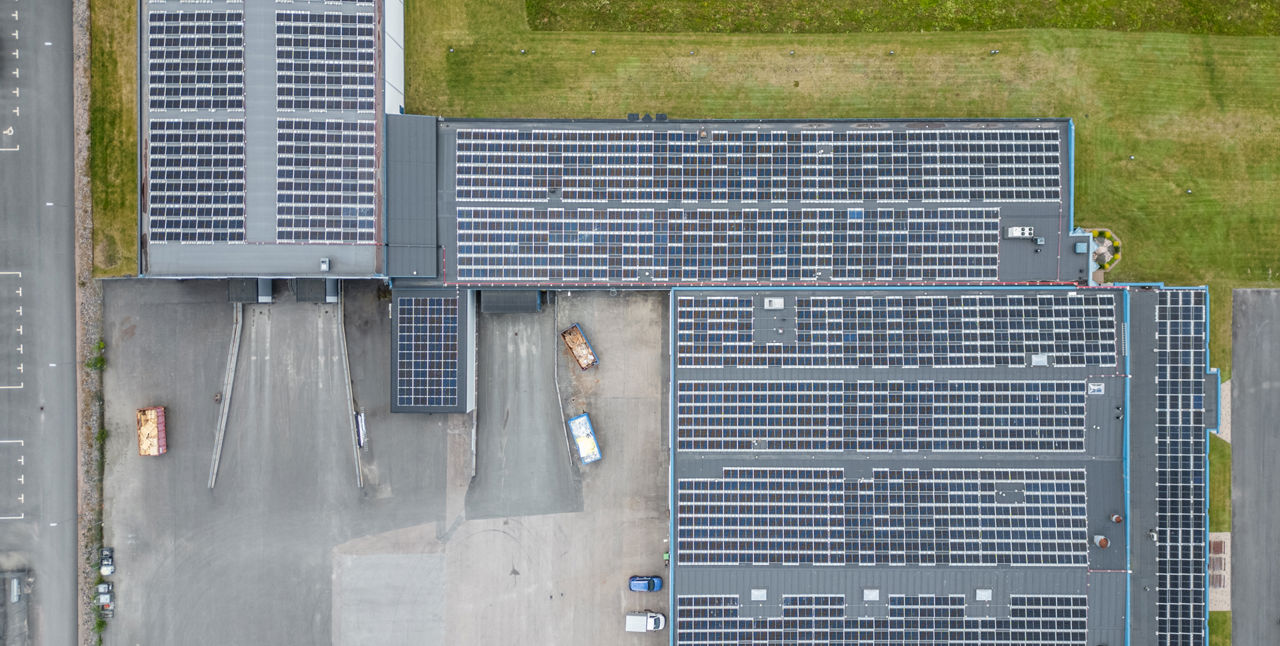 Solar panels on a roof seen from above.